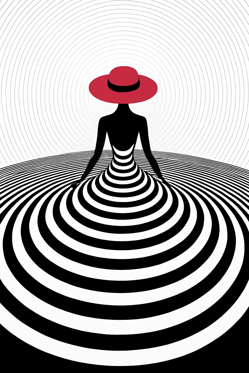 Optical Art Illustration of Woman in Stripes with Red Hat Art