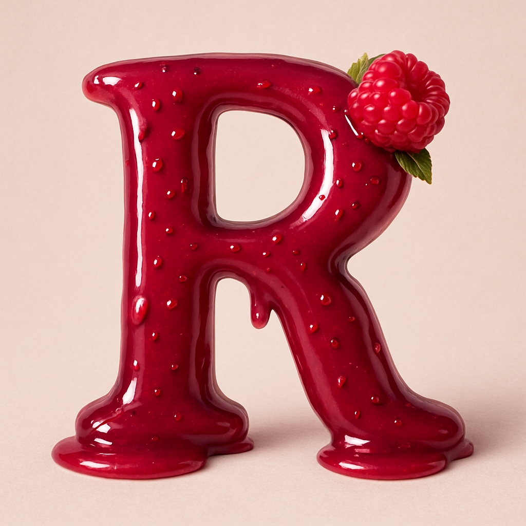 Glossy Raspberry Letter R Digital Art on Soft Peach Background Monogram