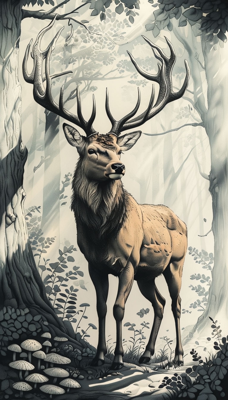 Majestic Stag in Enchanted Forest Stippling Illustration Art