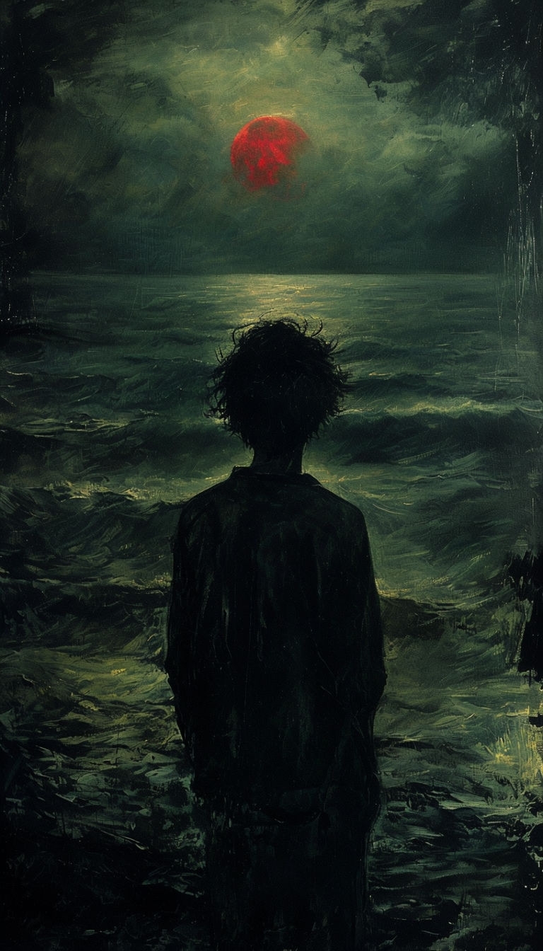 Solitary Figure by Eerie Blood-Red Moon Over Tumultuous Ocean Mobile Wallpaper