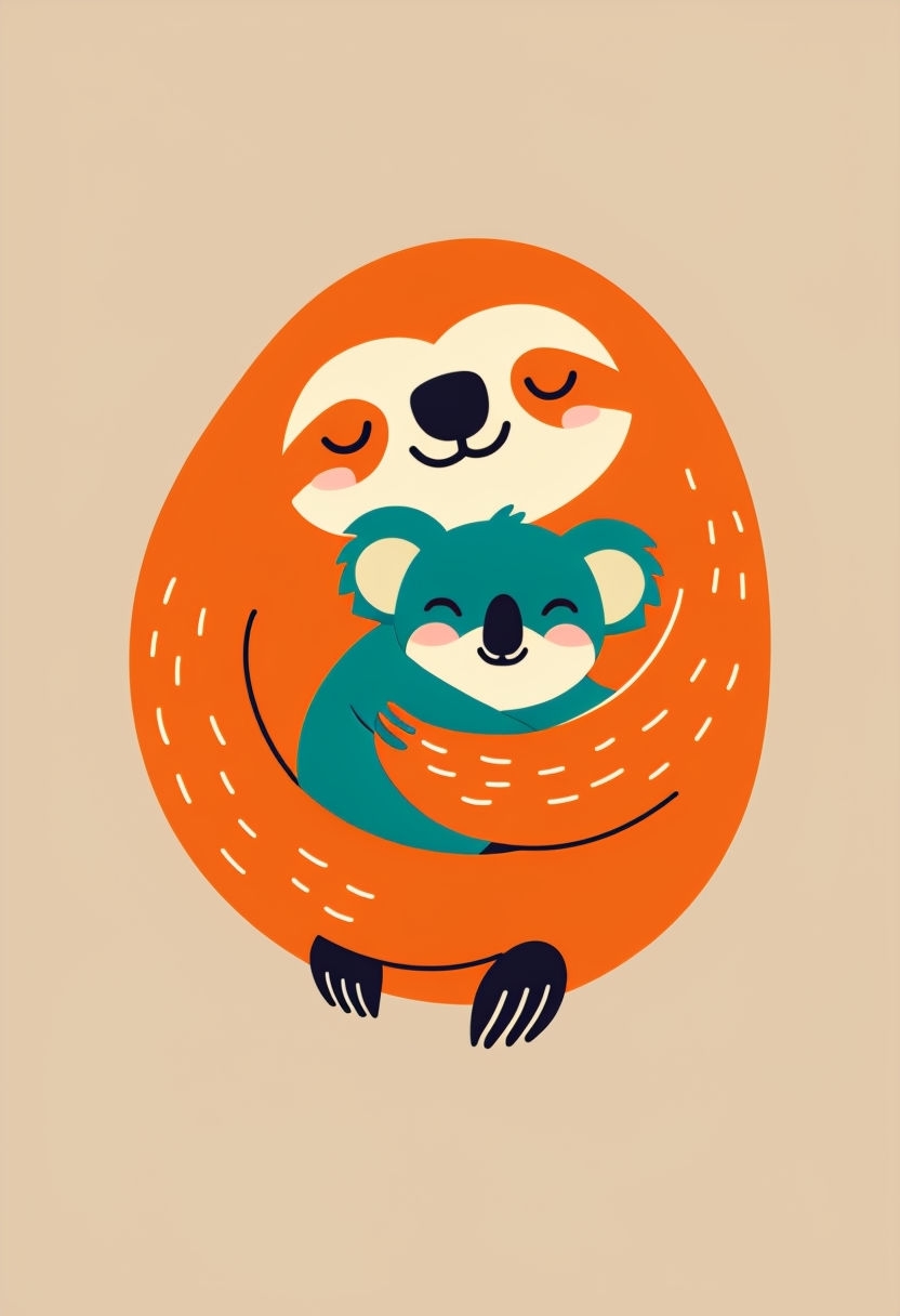 Cheerful Orange Sloth Embracing Koala Cartoon T-Shirt