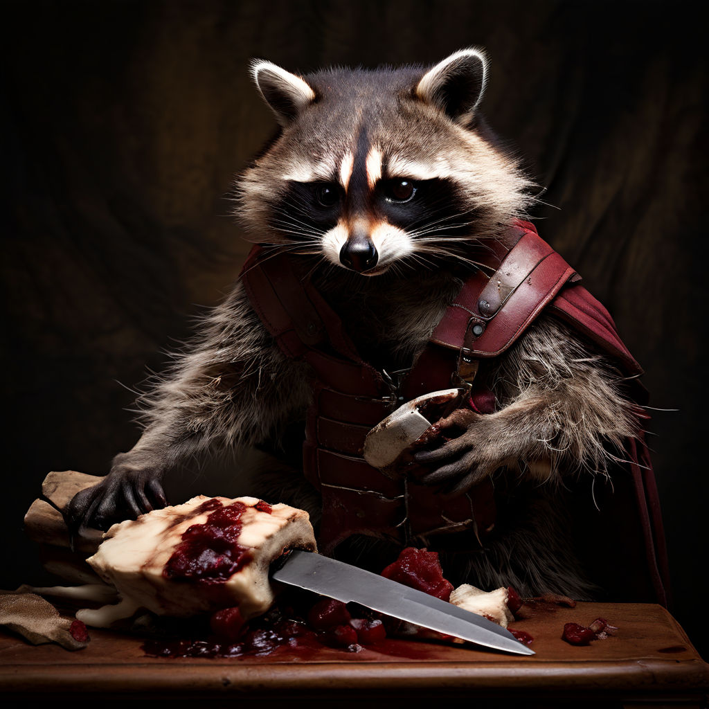 Raccoon stabbing a falcon to death with a butcher's knife by GOWTHAM