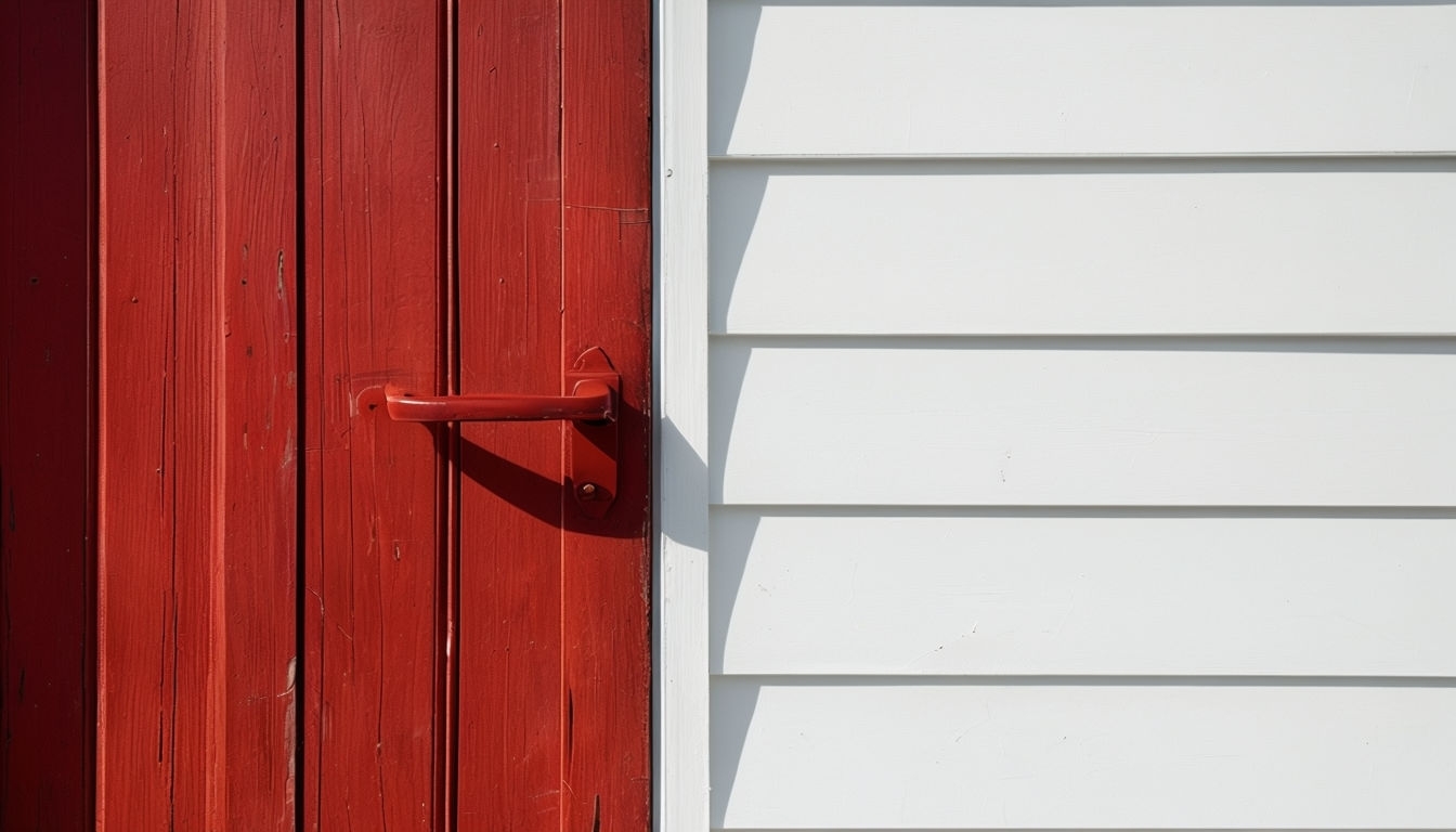 Vibrant Red Wooden Door Against White Siding Minimalist Background Virtual Backgrounds