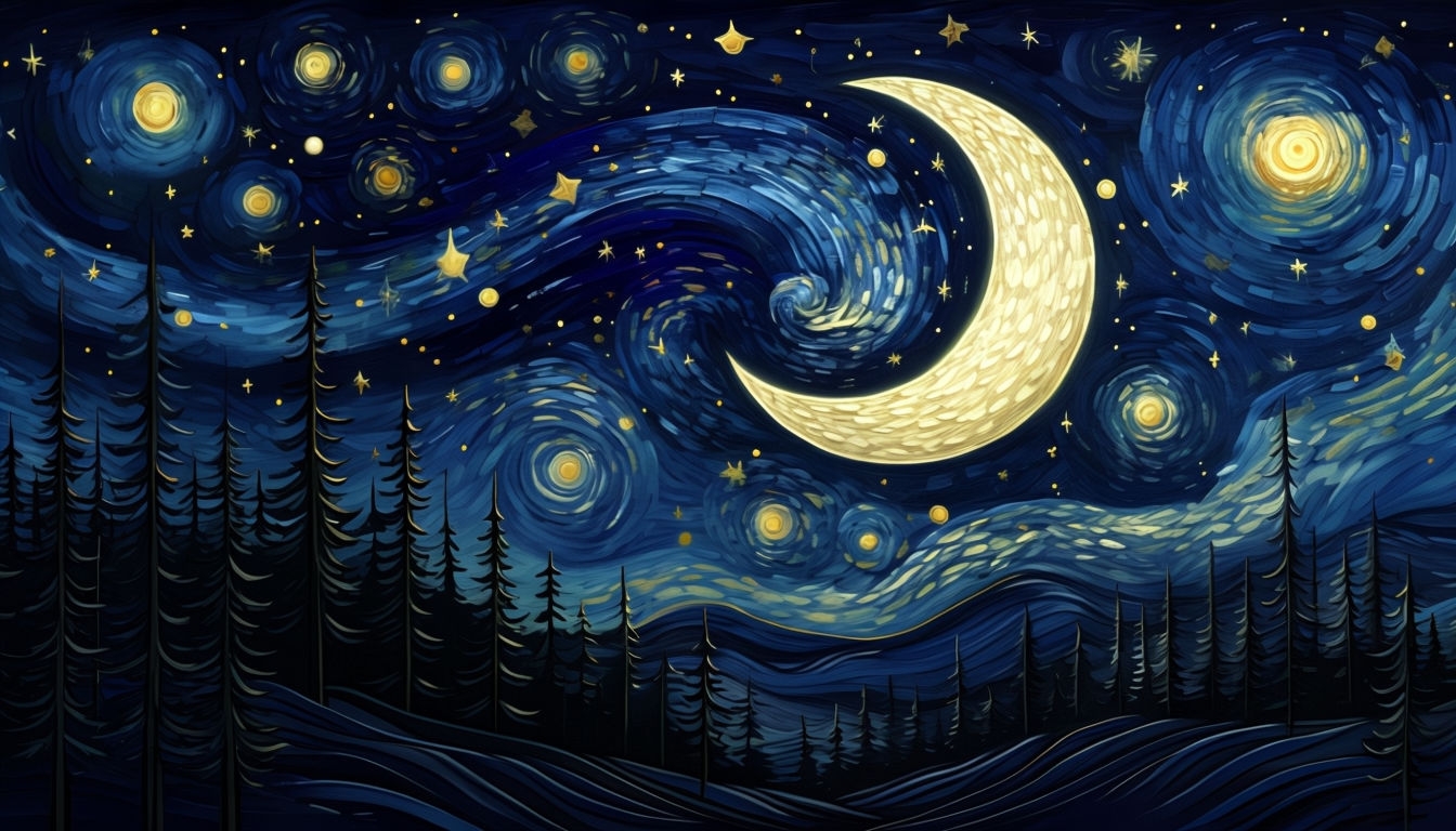 Whimsical Van Gogh Inspired Night Sky Art with Moon and Stars Background