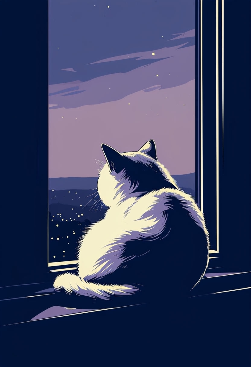 Serene Cat on Window Ledge Under Twilight Sky Illustration Art