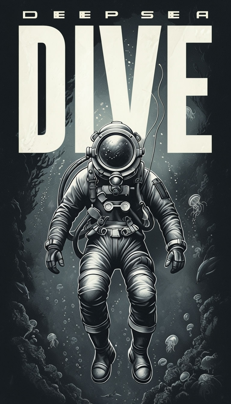Deep Sea Diver Monochrome Illustration with Bioluminescent Life Mobile Wallpaper