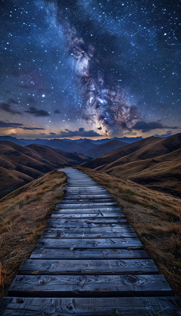 Stunning Night Landscape with Starry Sky and Wooden Pathway Mobile Wallpaper