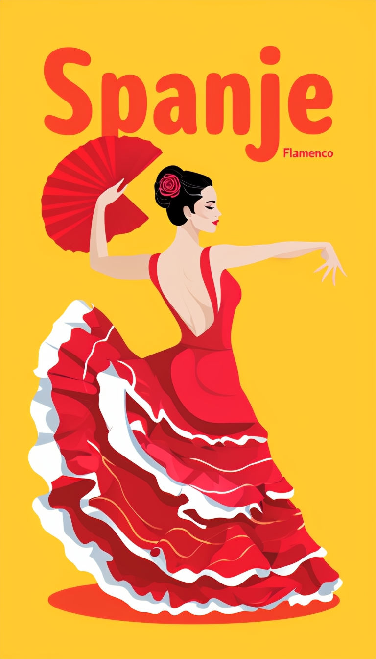 Dynamic Flamenco Dancer Illustration on Bright Yellow Background Poster