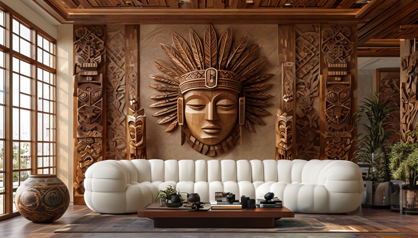 Elegant Ethnic Living Room Design with Wooden Carvings Art