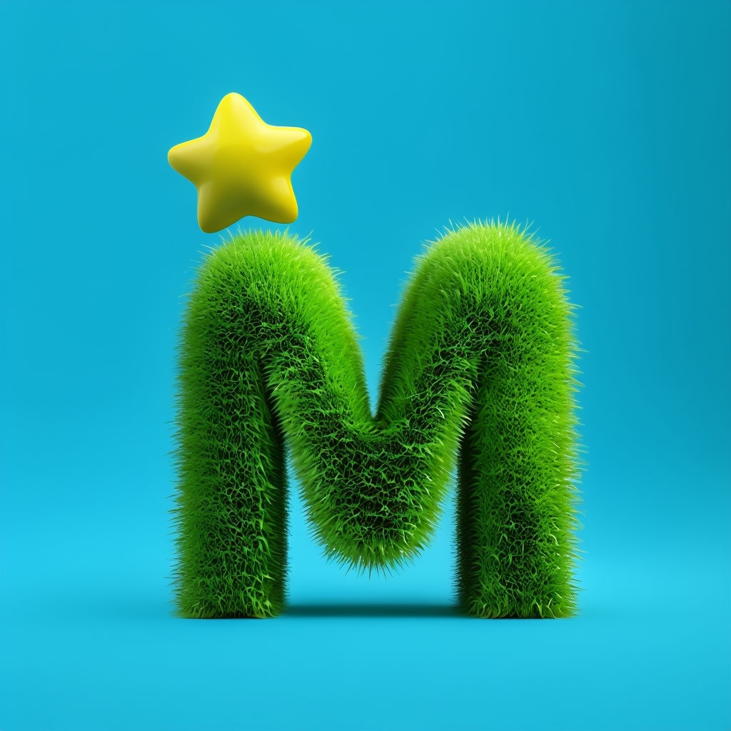 Vibrant Grass Letter 'M' with Yellow Star Illustration Monogram