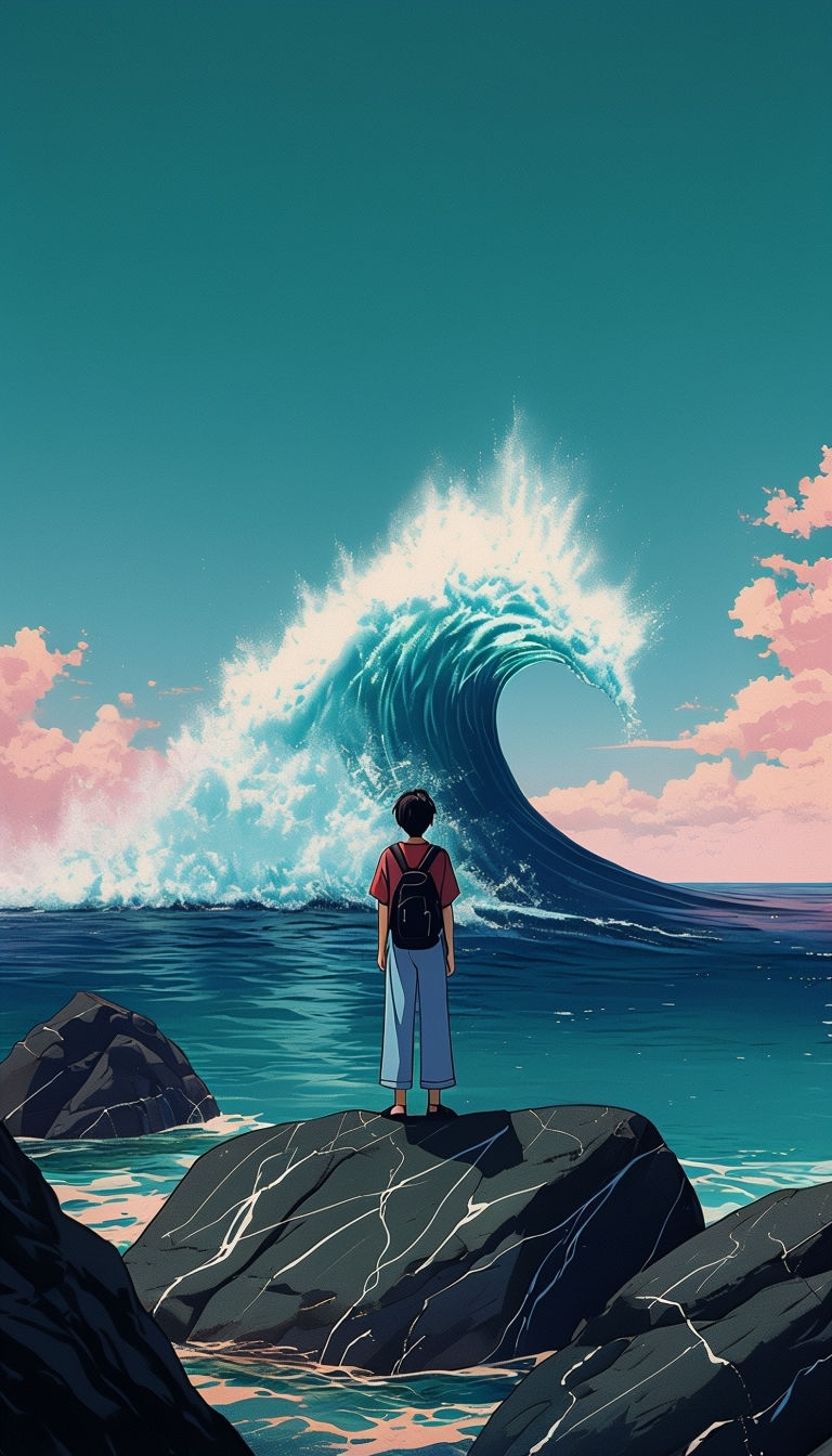 Dramatic Coastal Anime Scene with Figure and Waves Mobile Wallpaper