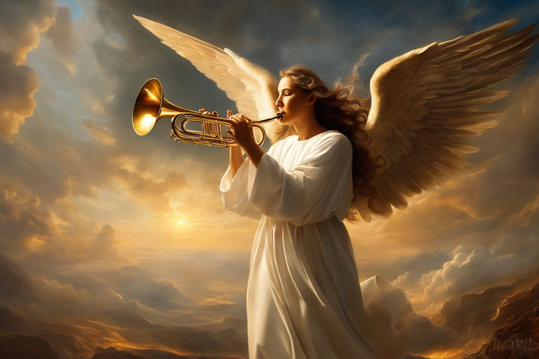Book of Revelations in bible. Angel blowing trumpet in glori... by