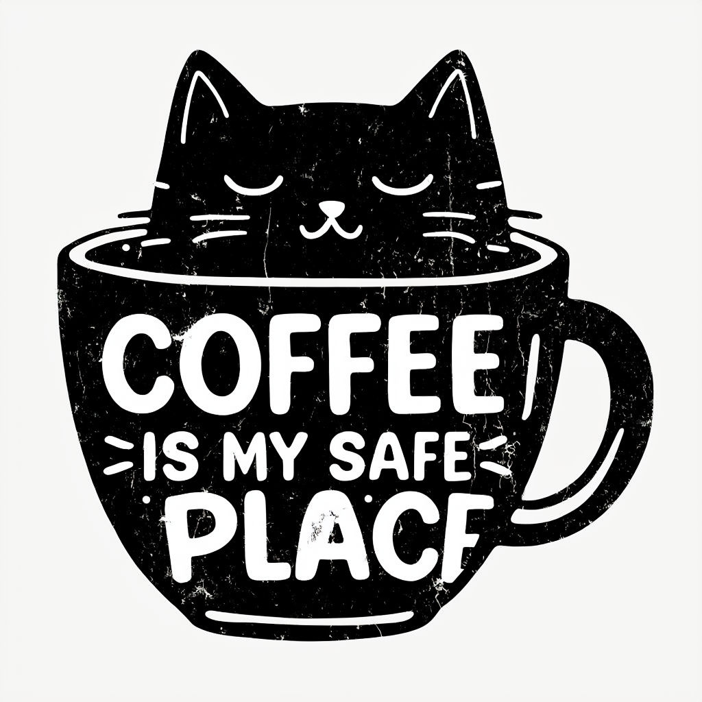 Adorable Black Cat in Coffee Cup with Whimsical Text Sticker