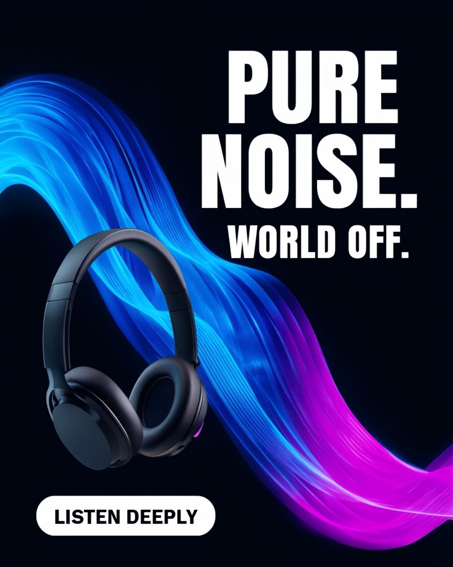 Modern Minimalist Headphones Advertisement with Neon Waves Ads