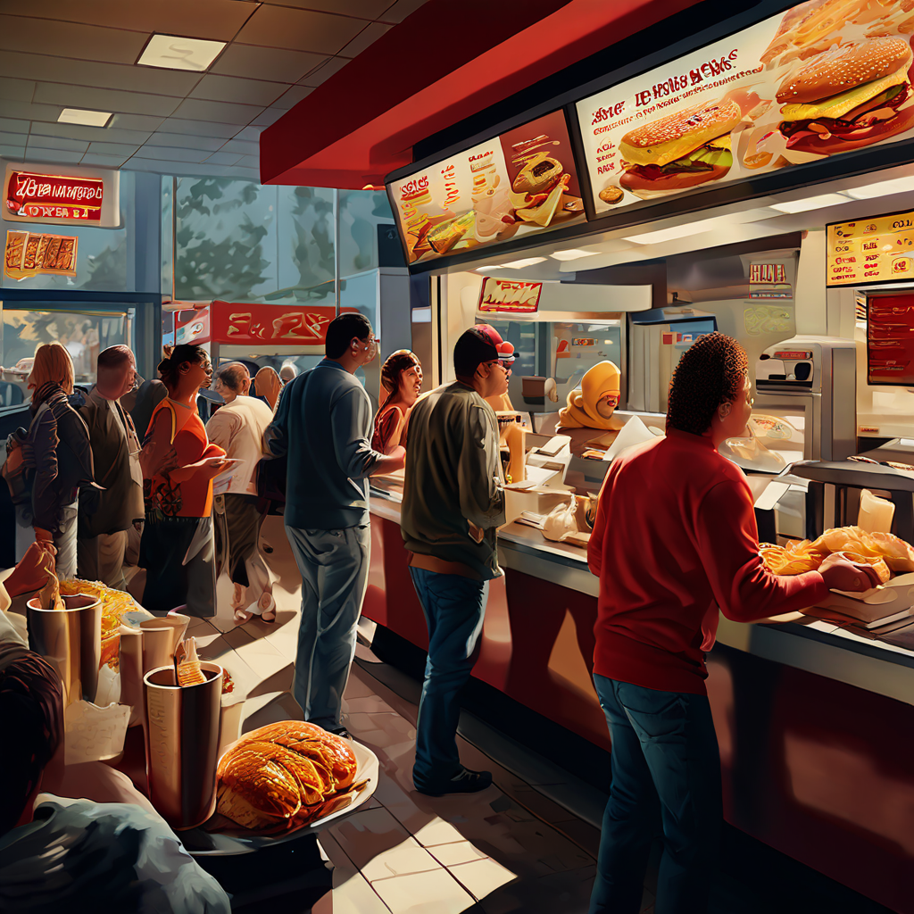 An image depicting a bustling fastfood drivethru scene by Cody King
