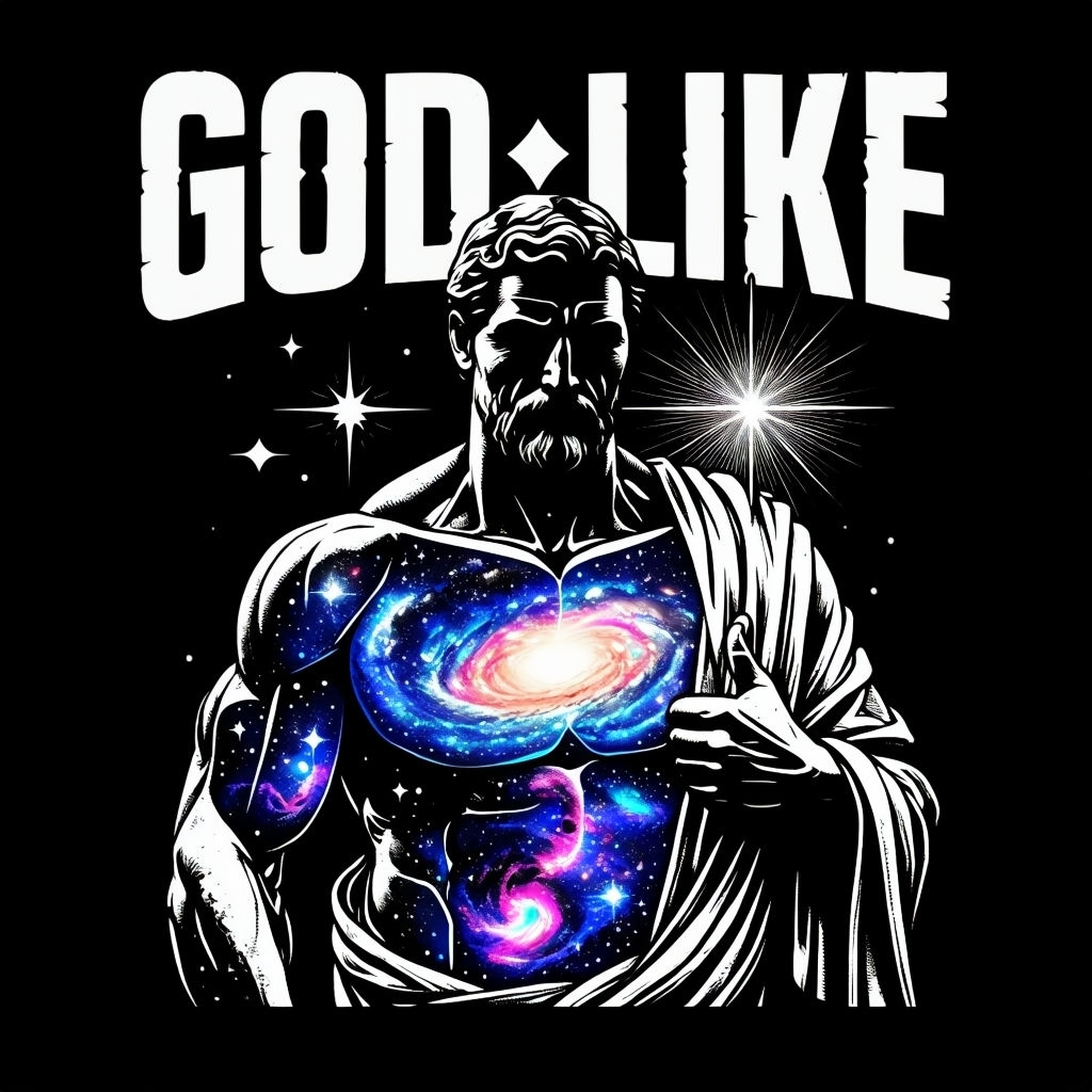 Cosmic Design of Muscular Torso with 'God Like' Text T-Shirt