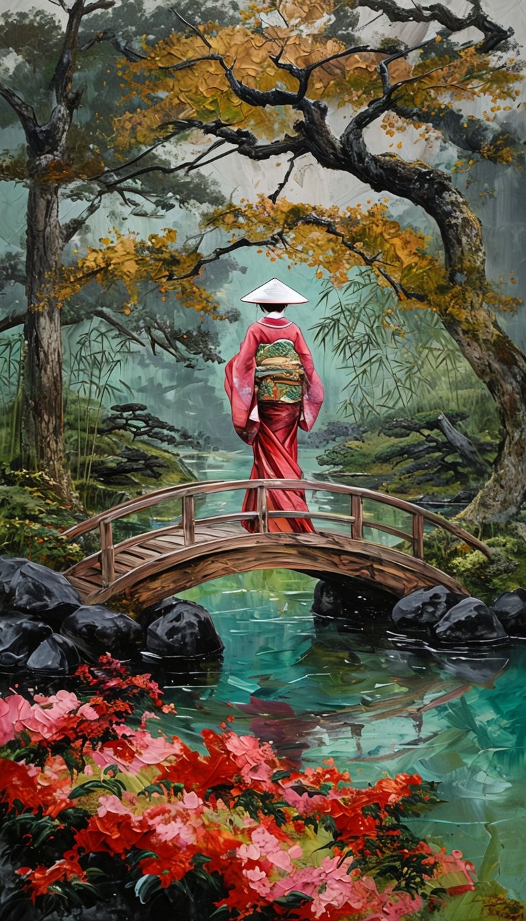 Vibrant Traditional Japanese Garden Scene Impasto Art Poster