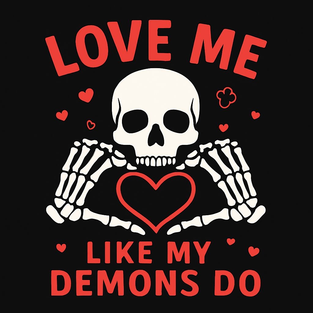 Gothic Skull Love Me Design with Heart and Hands T-Shirt