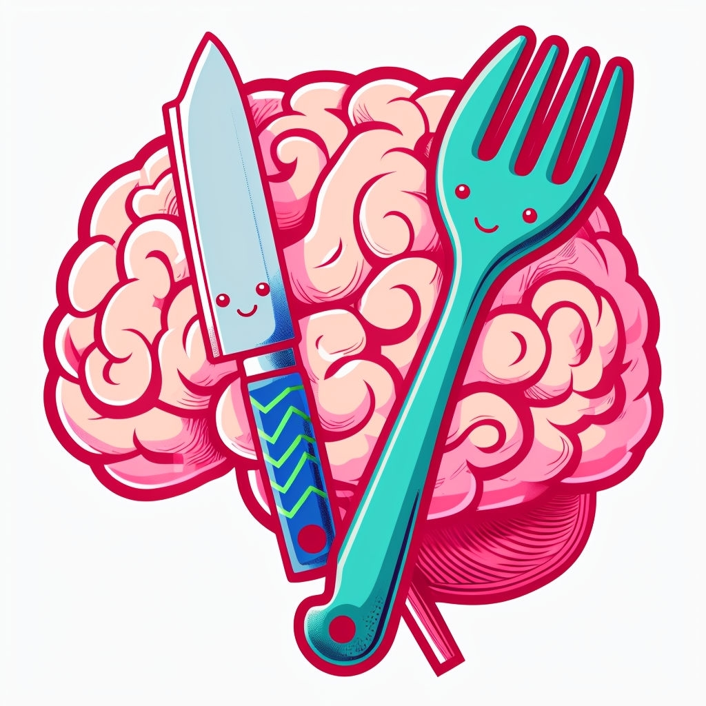 Whimsical Cartoon Brain with Friendly Utensils Sticker