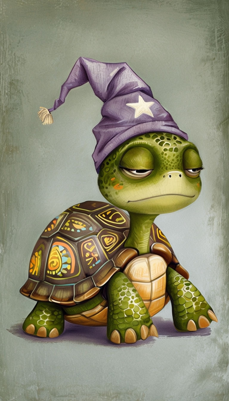 Sleepy Green Turtle with Quirky Patterned Shell Illustration Art
