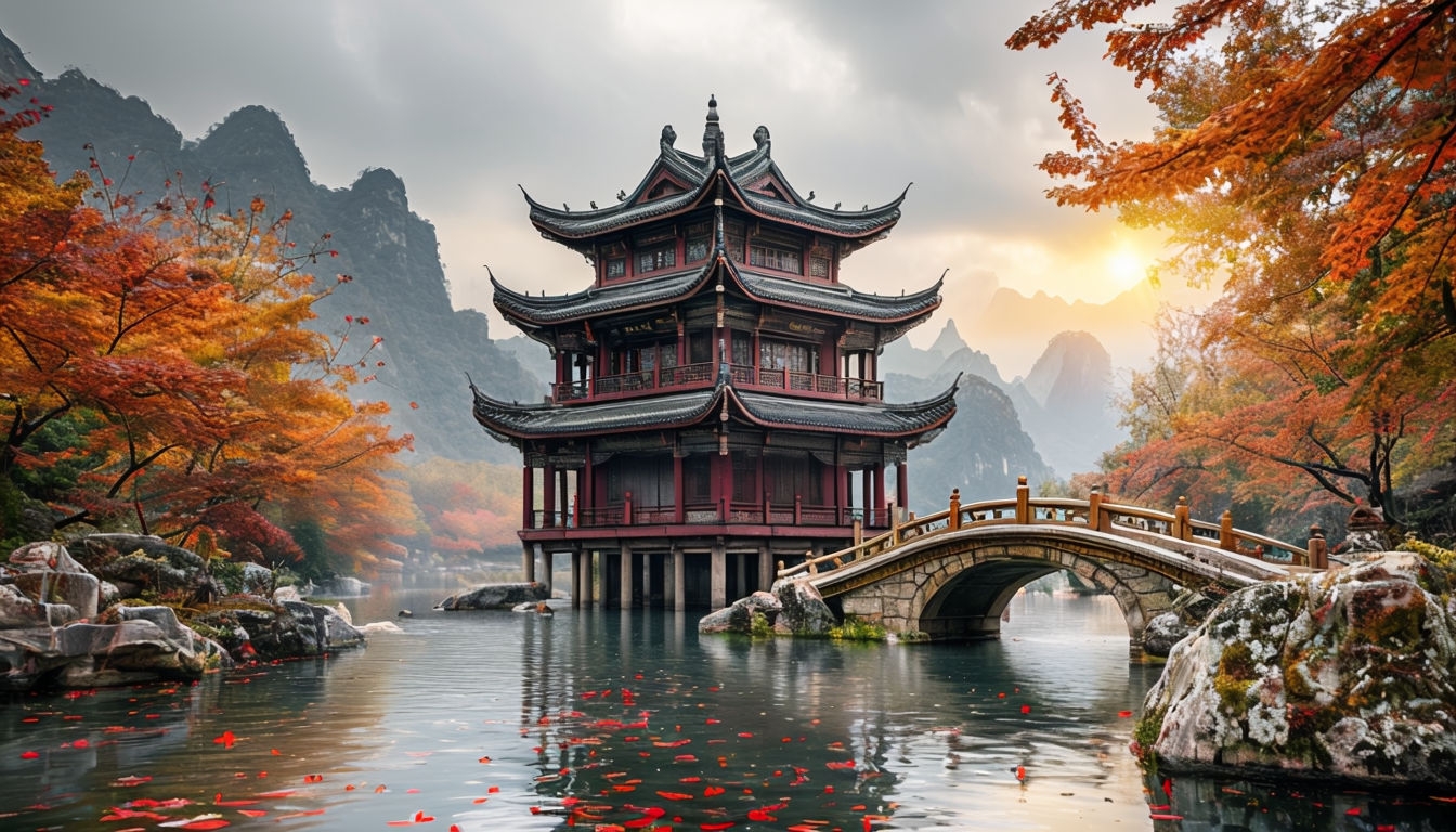 Serene Autumn Reflection of Chinese Pagoda Landscape Art