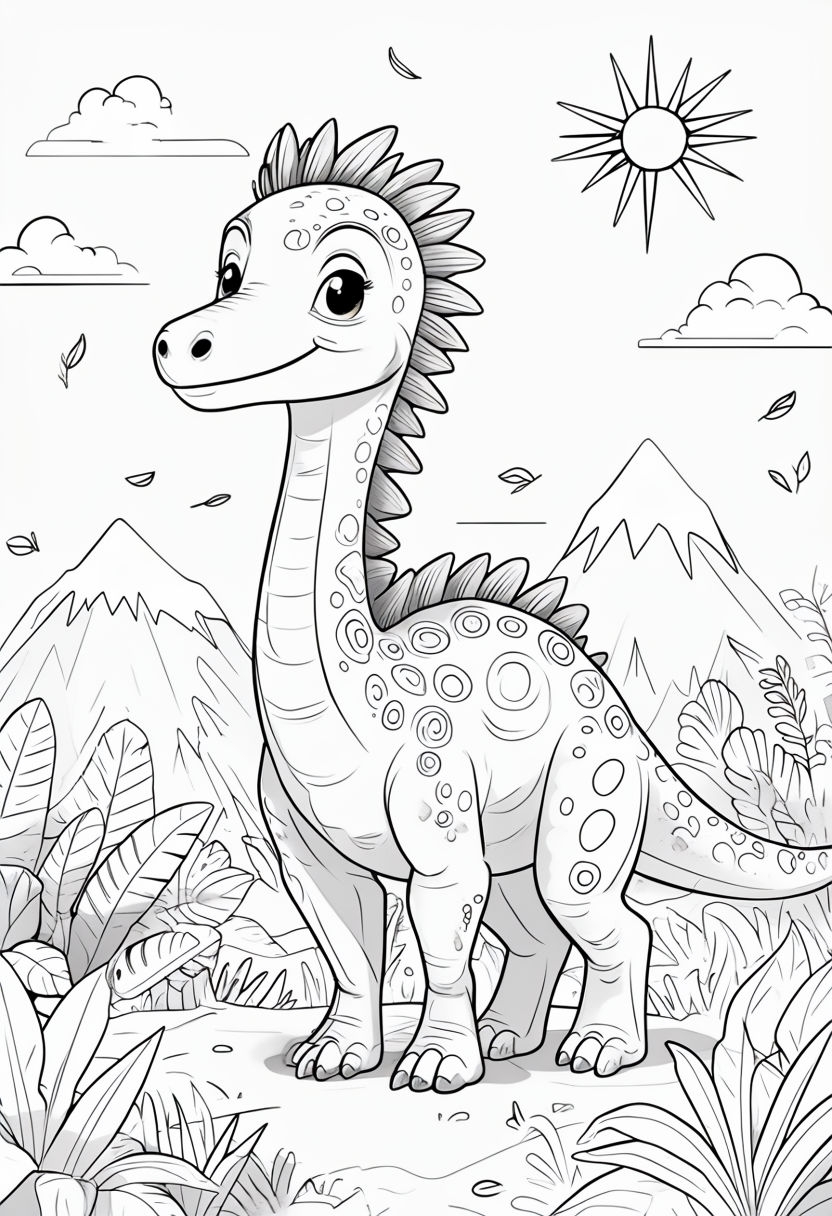 Cheerful Dinosaur in Prehistoric Landscape Coloring Book Page