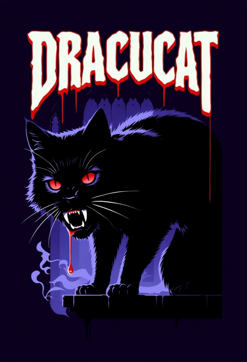 Gothic Retro Dracucat Vampire Cat Illustration T-Shirt
