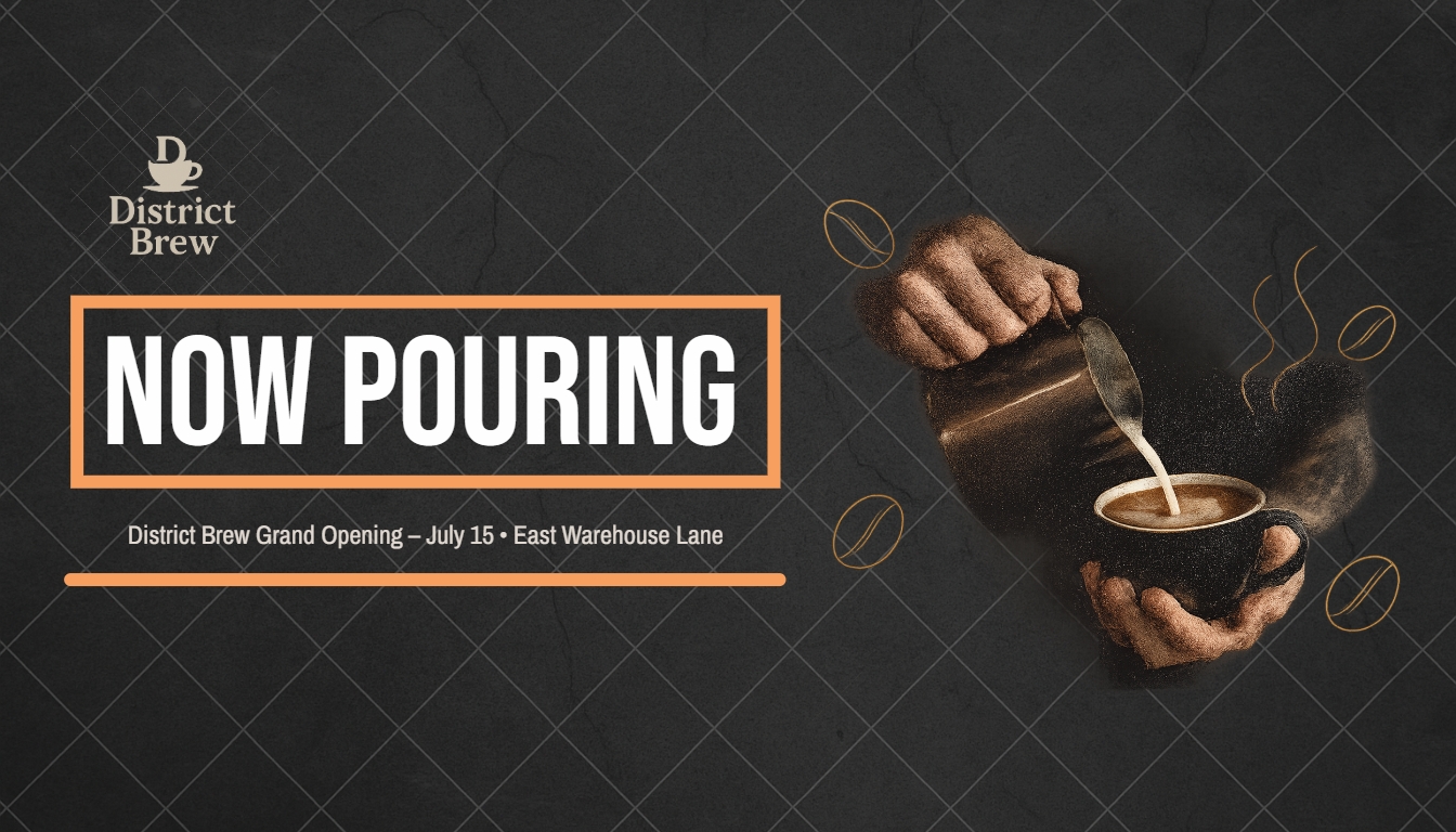Modern Grand Opening District Brew Promotional Banner Design