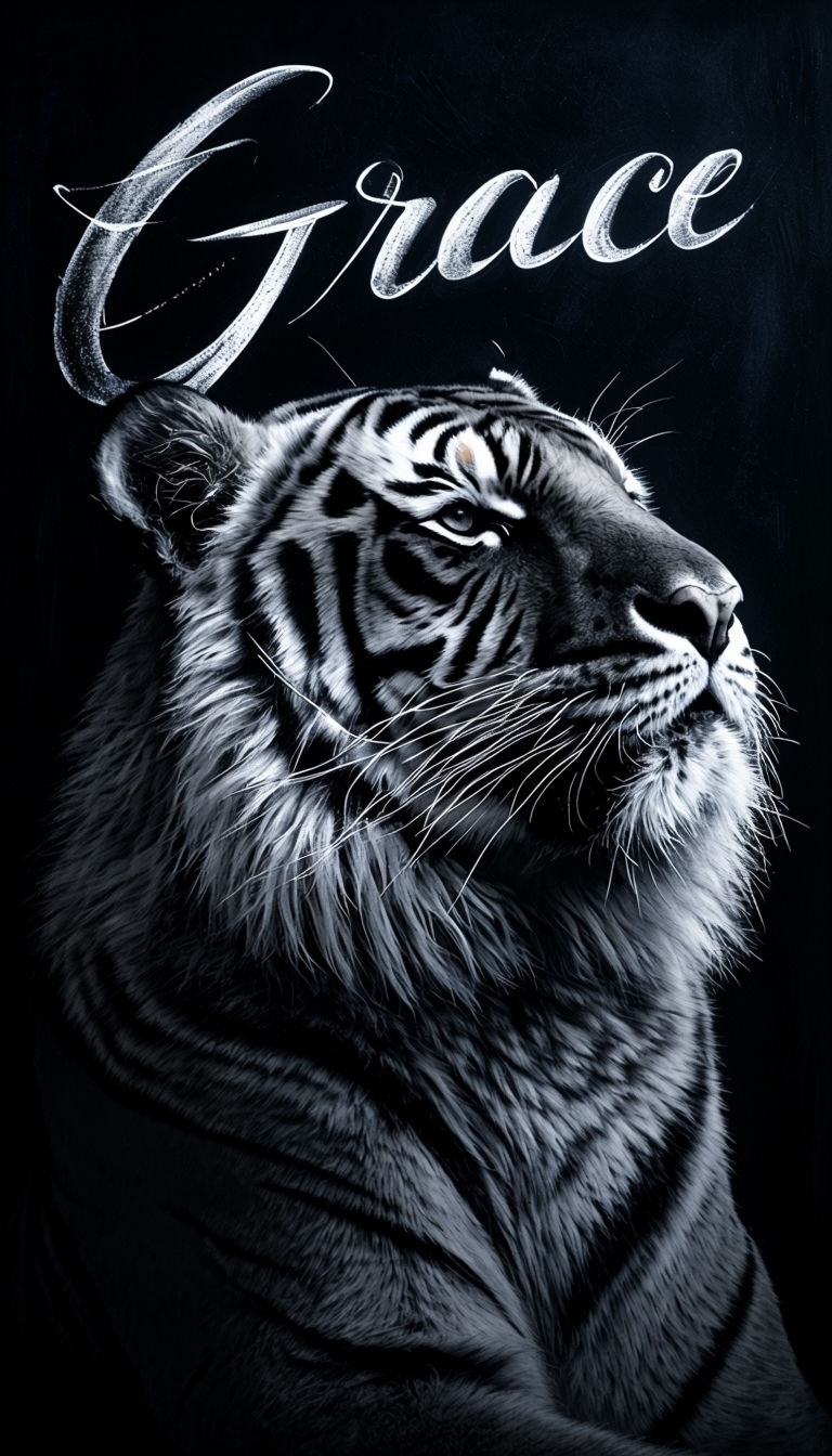 Monochromatic Majestic Tiger with Graceful Script Mobile Wallpaper