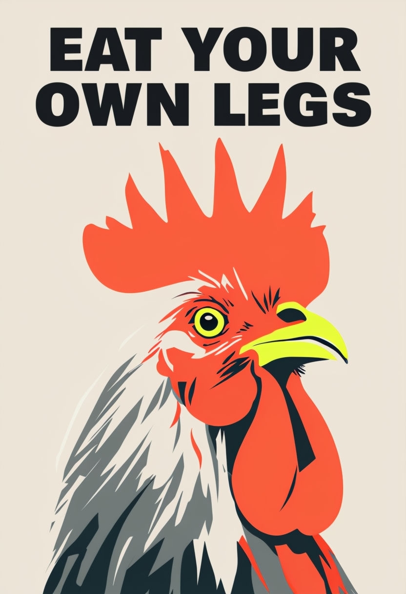 Stylized Rooster with Bold Message 'Eat Your Own Legs' Poster