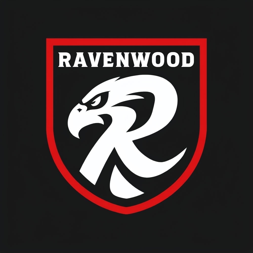 Bold Ravenwood Hawk Shield Logo Design on Black Background