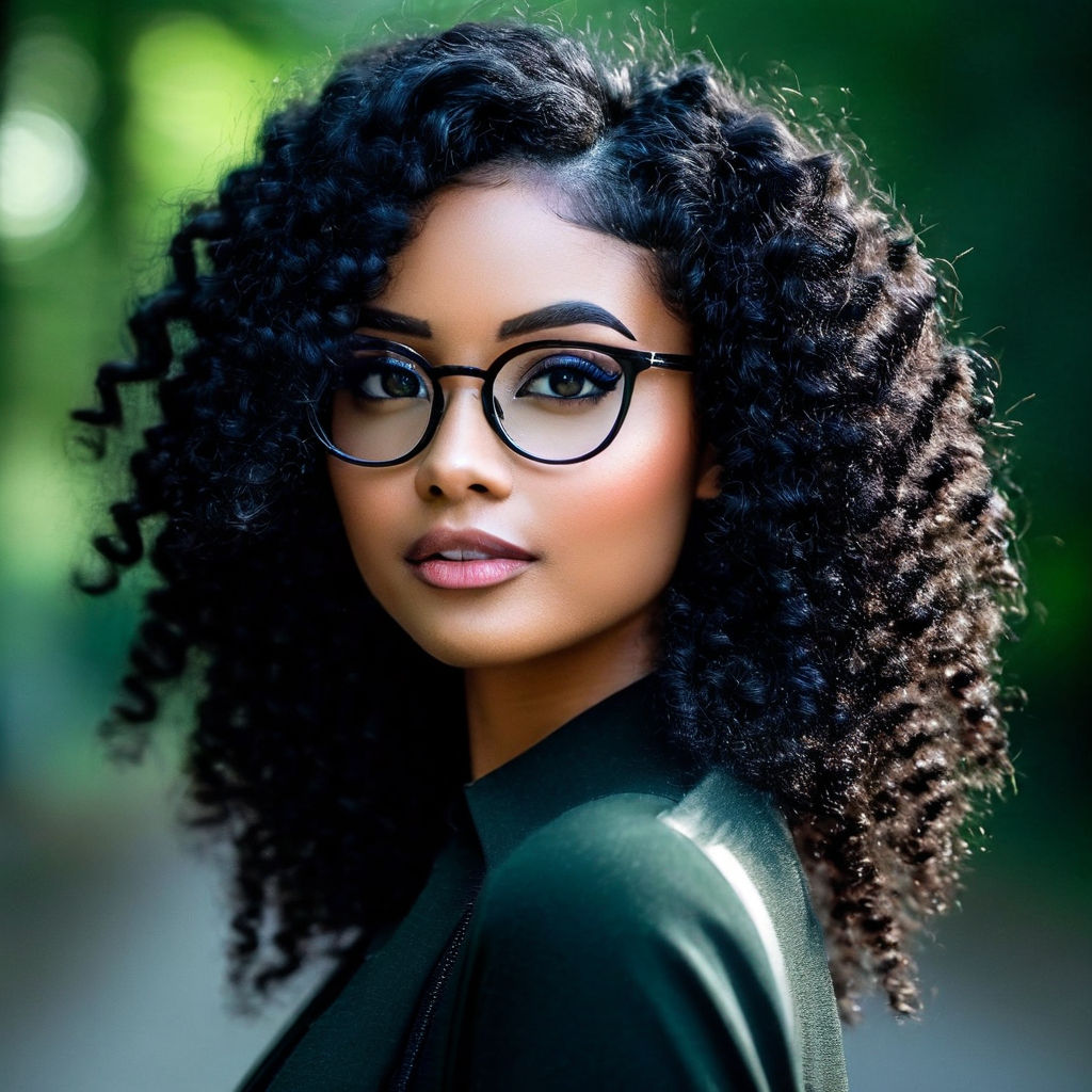 Black woman curly hair with glasses