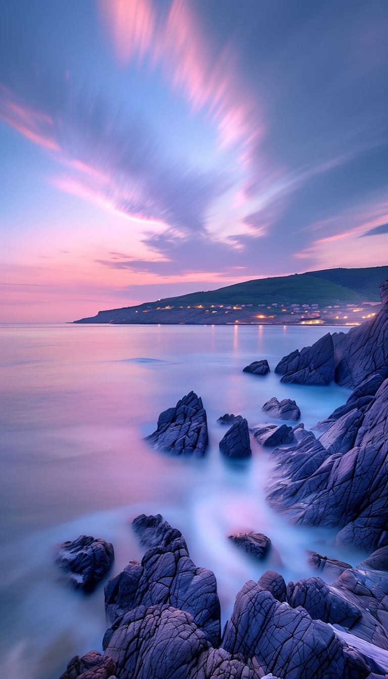 Tranquil Coastal Landscape at Dusk with Soft Lighting Mobile Wallpaper