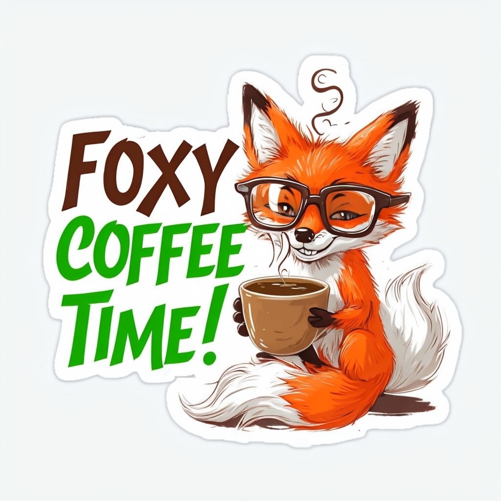 Playful Cartoon Fox with Coffee Cup Sticker