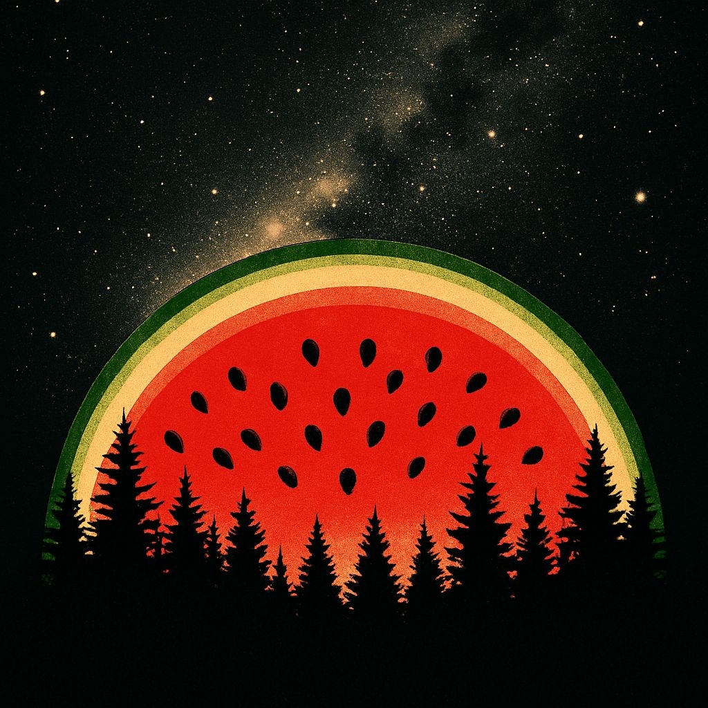 Surreal Watermelon Slice Against Starry Night Sky Art