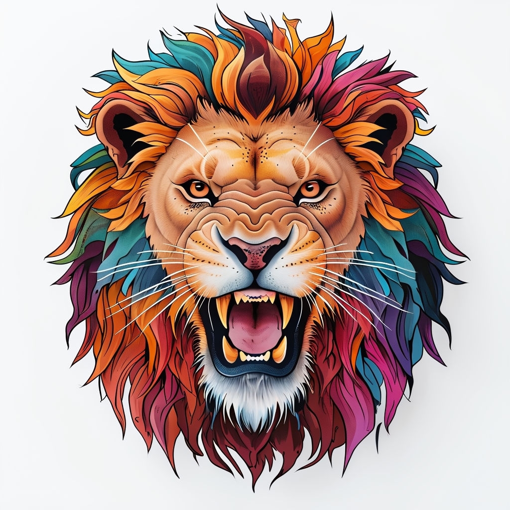 Vibrant Roaring Lion Head Illustration with Colorful Mane Sticker