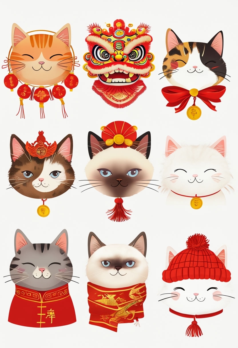 Whimsical Cats Celebrating Chinese New Year in 3x3 Grid Poster