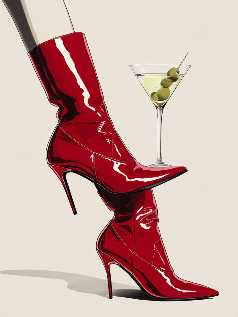 Crimson Red Patent Leather Boots with Martini Glass Art