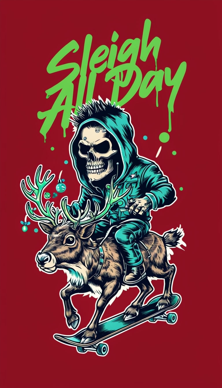 Skull-Tattooed Figure on Skateboarding Reindeer T-Shirt