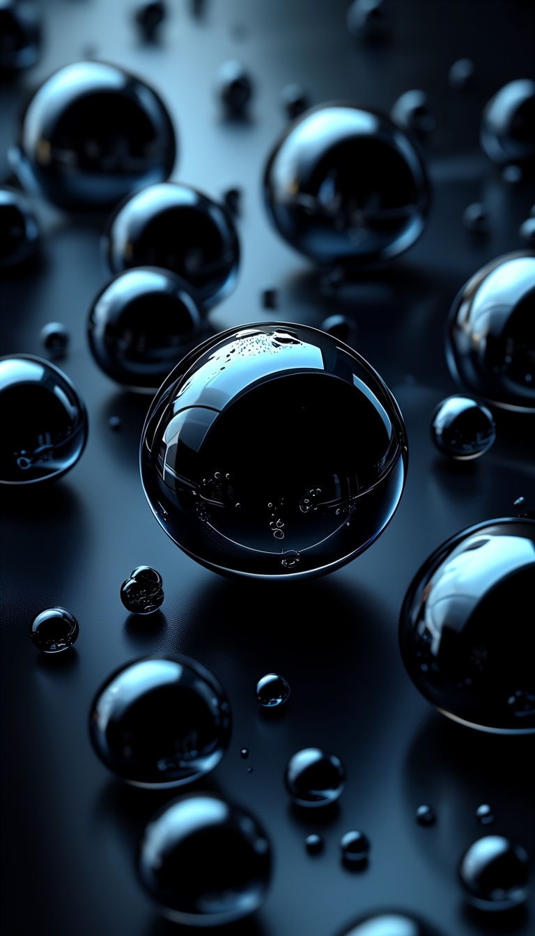 Futuristic Glossy Spherical Droplets on Dark Surface Mobile Wallpaper