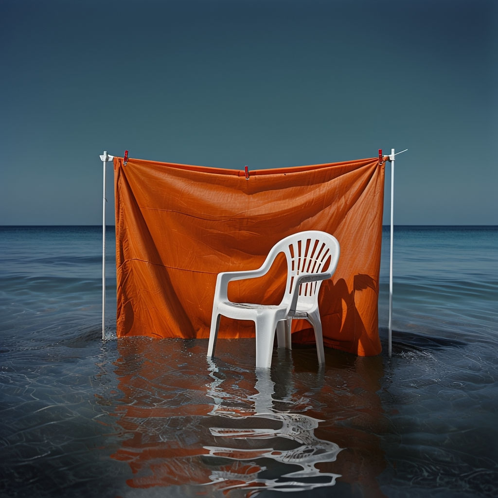 Serene Beach Scene with Orange Cloth and White Chair Art