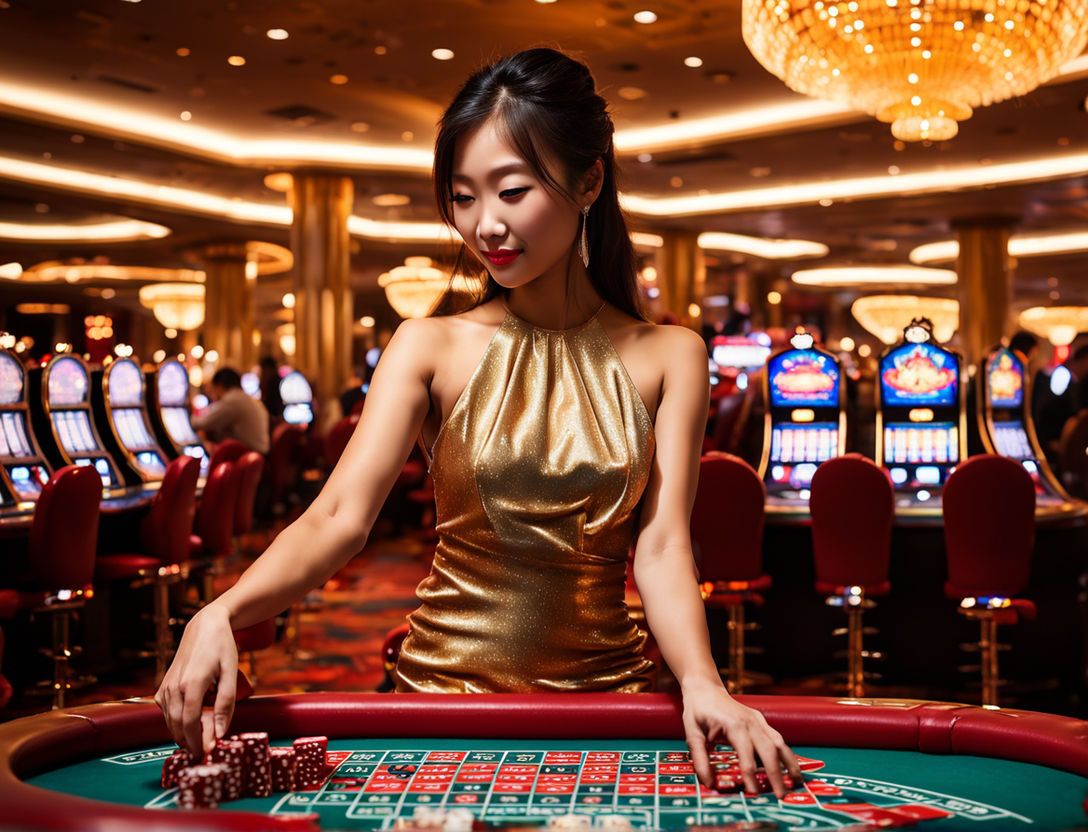 Asian girl engages in a game of chance, maneuvers dice atop her fingertip within the vibrant ambiance of a high-stakes casino, adorned in a shimmering golden dress that reflects the myriad of lights surrounding her, velvet red gaming tables, slot machines emitting a soft glow, silhouettes of card players, croupiers in crisp uniforms, reflections of whiskey glasses clinking, overhead lighting casting an allure