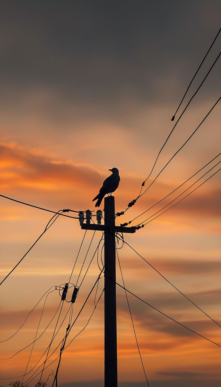 Serene Sunset with Bird Silhouette on Utility Pole Mobile Wallpaper