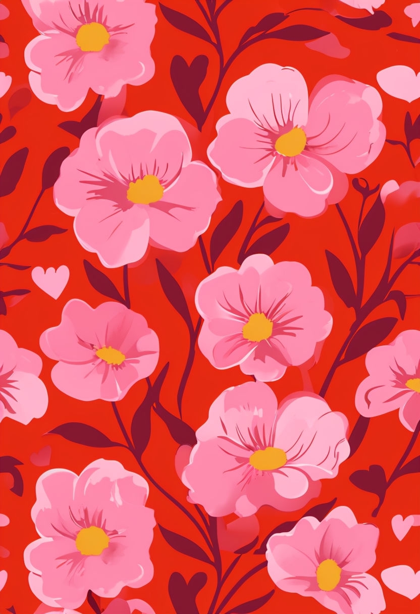 Vibrant Pink Floral Pattern with Hearts on Red Background Mobile Wallpaper