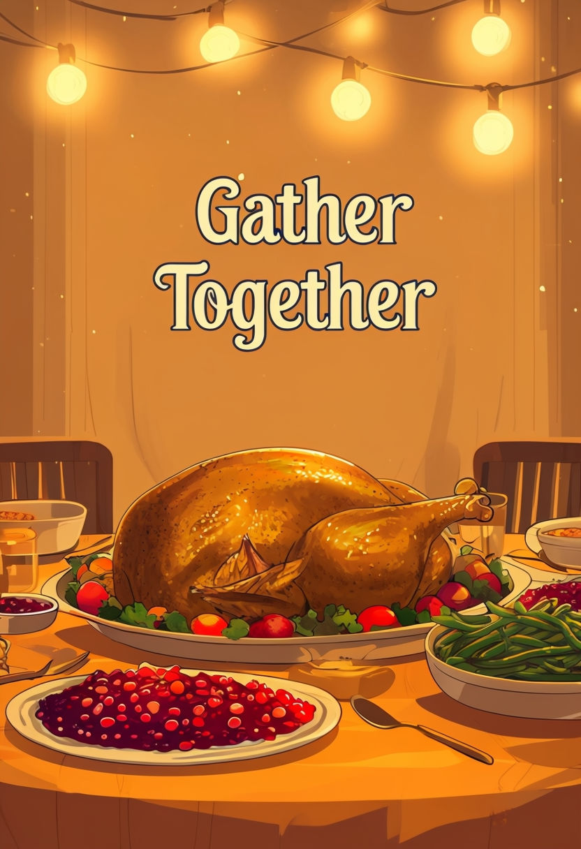 Cozy Thanksgiving Dinner Scene with "Gather Together" Text Art Poster