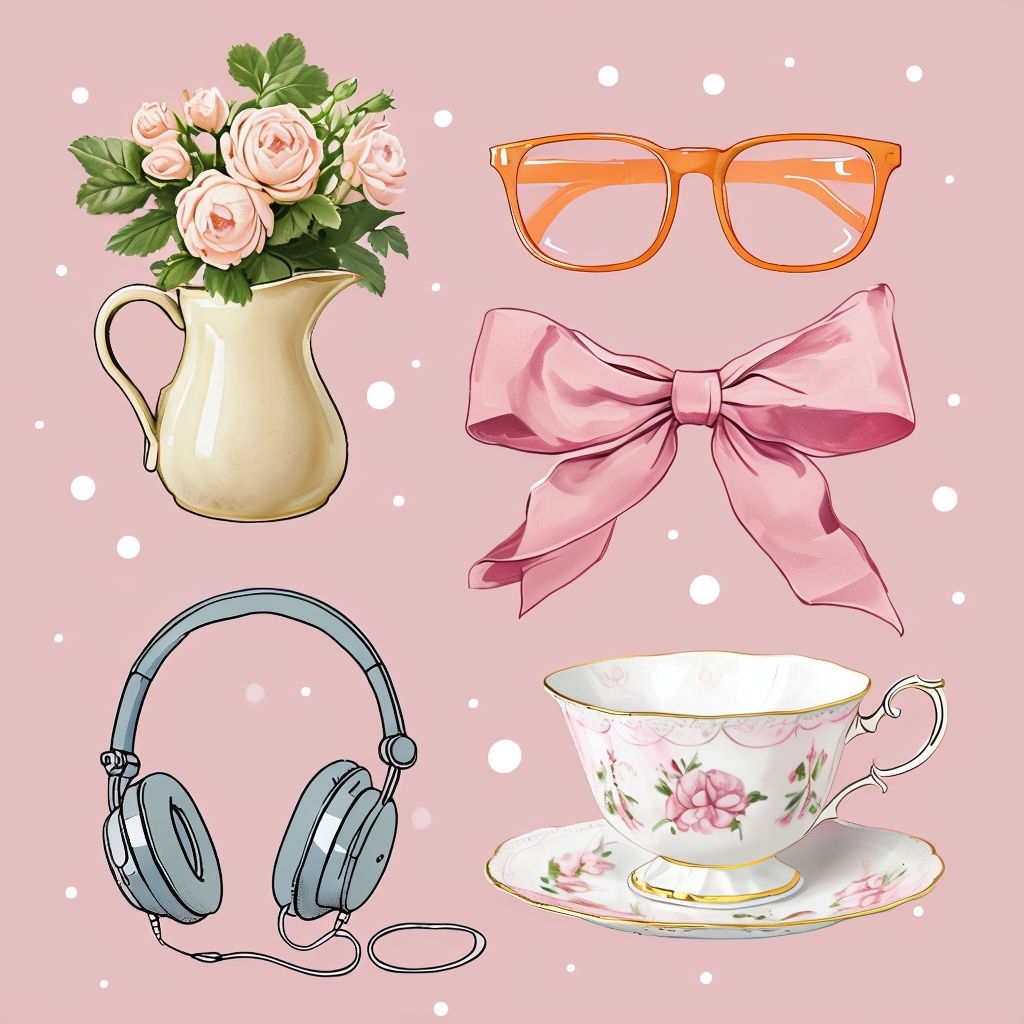 Whimsical Seamless Pattern with Flowers, Teacups, and Accessories Seamless Pattern