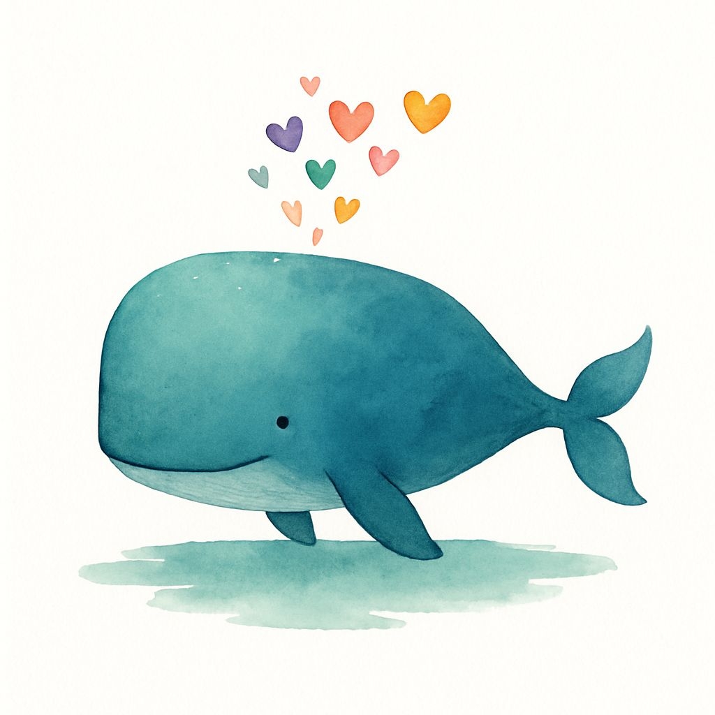 Whimsical Teal Whale with Colorful Hearts Watercolor Sticker