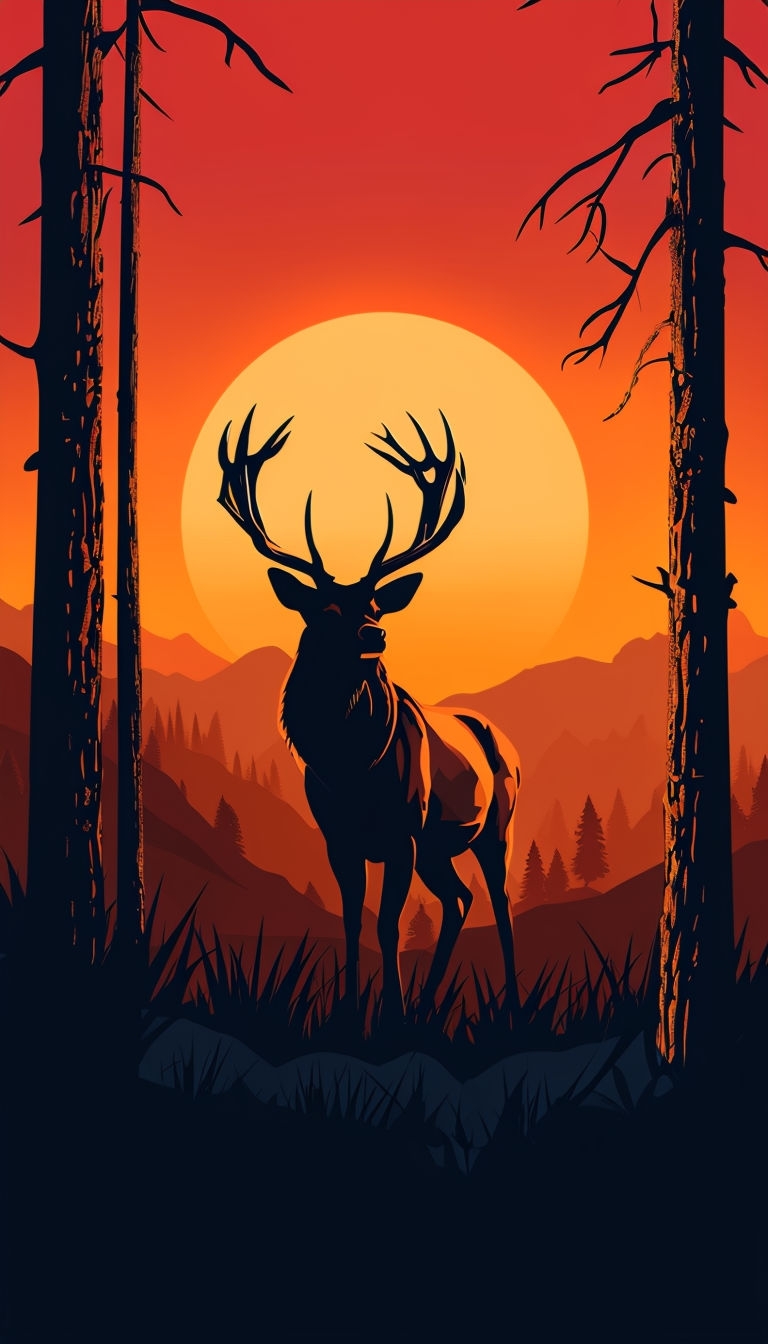 Dramatic Elk Silhouette Against Fiery Sunset Illustration Phone Case Cover