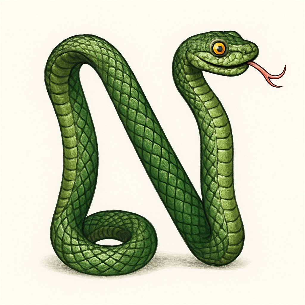 Whimsical Green Snake Shaped Letter N Illustration Monogram