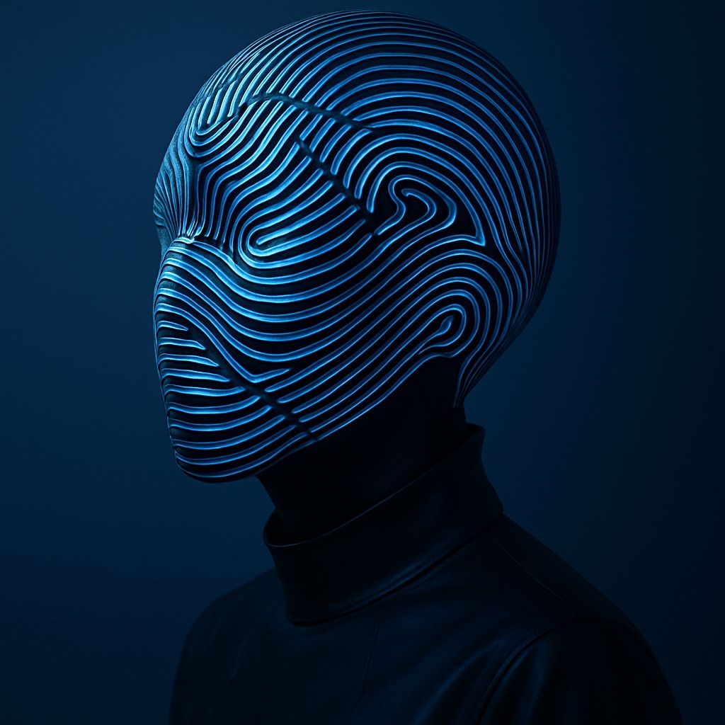 Futuristic Neon-Blue Mask Portrait with Labyrinthine Patterns Spotify Album Cover